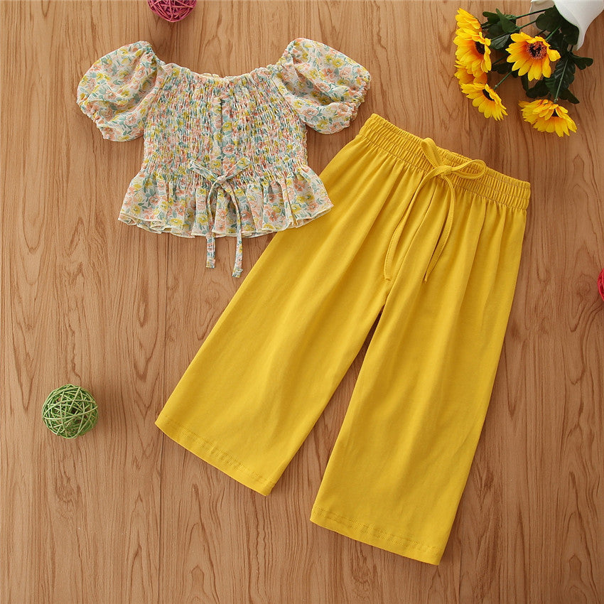 Toddler Kids Girls Two-piece Suit of Floral Chiffon Top Trousers Wholesale Applique Children's Clothing - PrettyKid