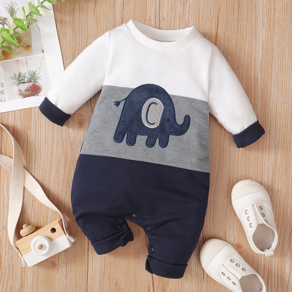 Baby Boys Solid Elephant Print Color Blocking Knitted Jumpsuit - PrettyKid
