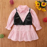 Toddler Kids Girls Solid Color Long Sleeve Dress Suspender Vest Two Piece Set - PrettyKid