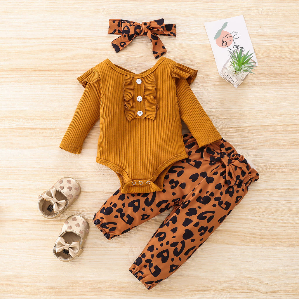 Baby Girls Solid Color Long Sleeve Jumpsuit Leopard Pants Set - PrettyKid