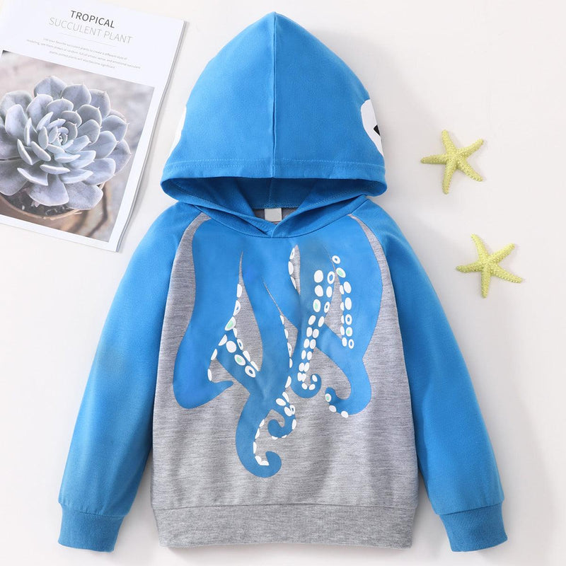 Toddler Kids Boys Cartoon Octopus Printed Cotton Hooded Sweatshirt - PrettyKid