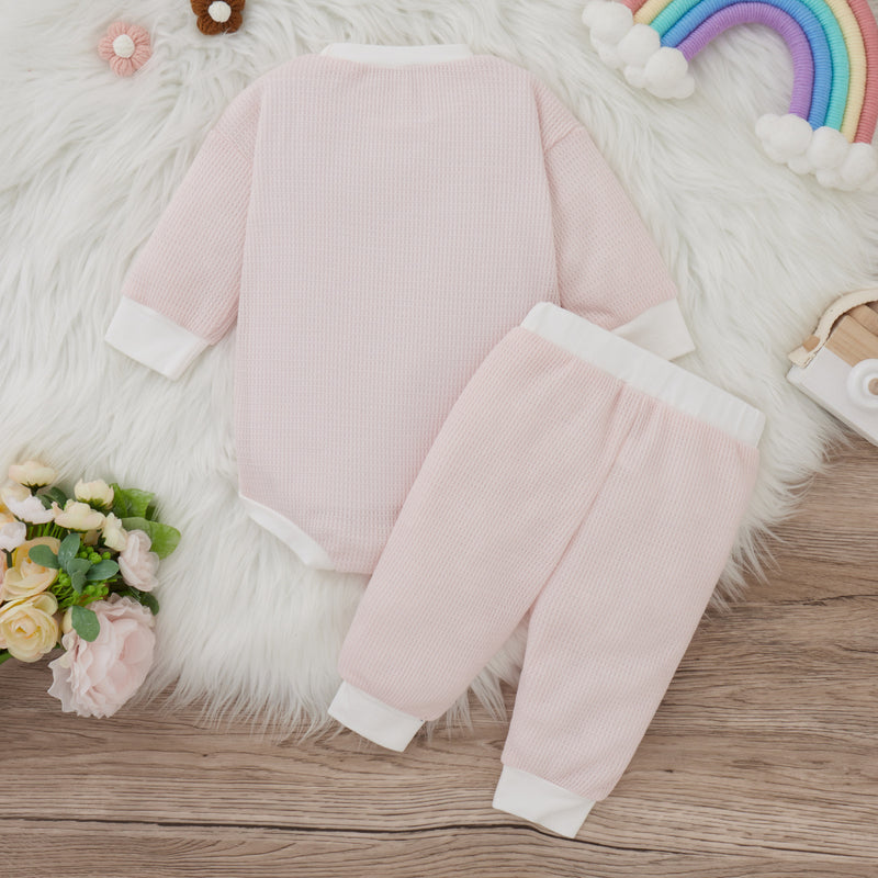 Baby Girls' Solid Rainbow Waffle Printed Long Sleeve Khaki Pants Set - PrettyKid
