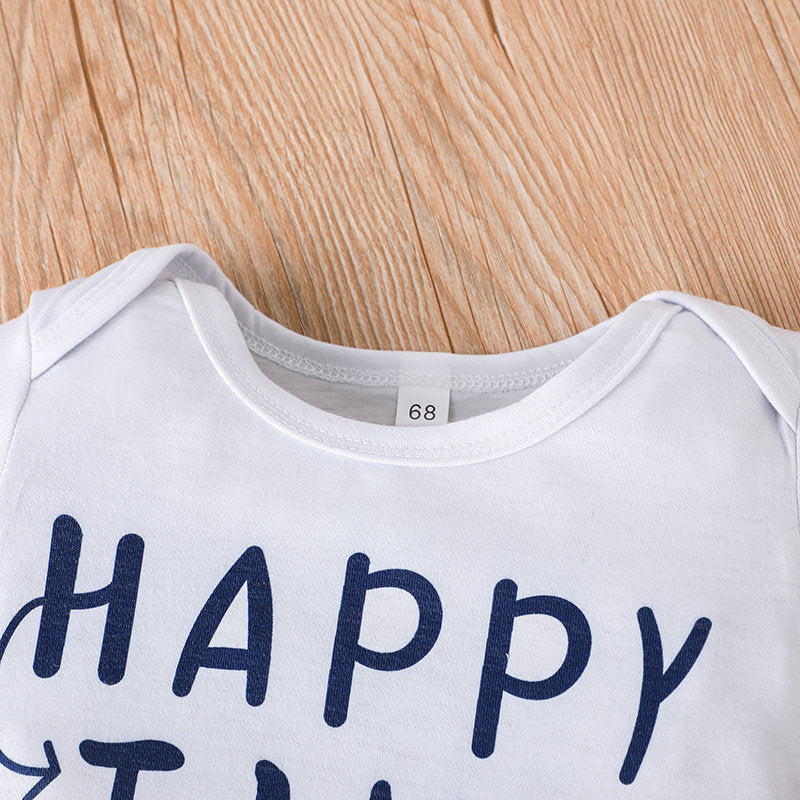 Baby Boys Solid Color Cartoon Letter Printed Short Sleeved Jumpsuit - PrettyKid
