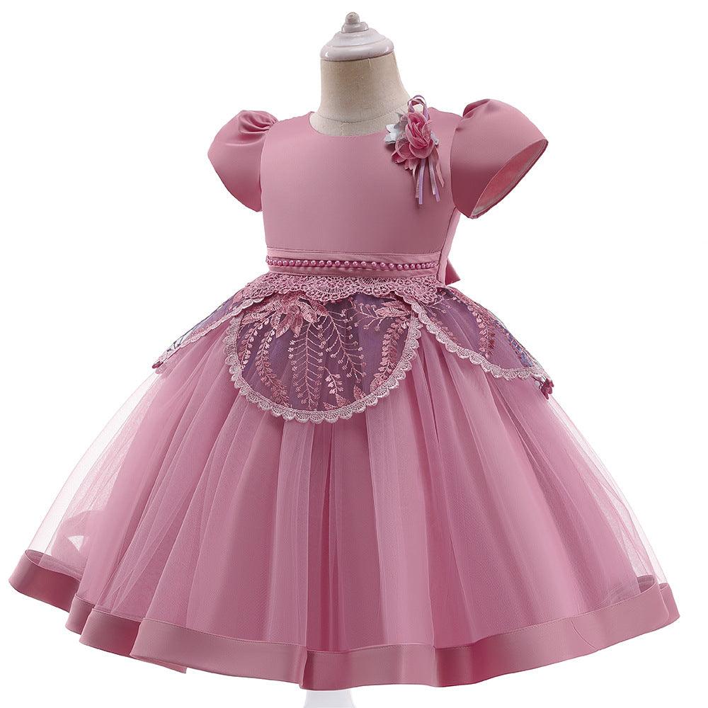 Toddler Girls Solid Flower Fluffy Skirt Children's Dress Princess Dress - PrettyKid