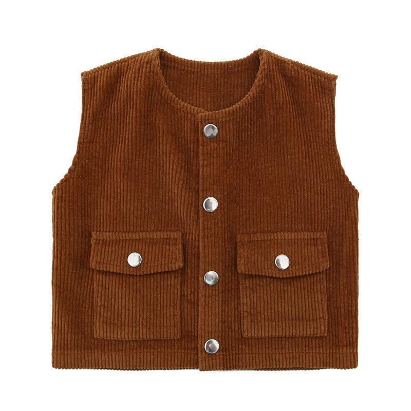 Children Boys Girls Corduroy Solid Double Pocket Vest Top - PrettyKid