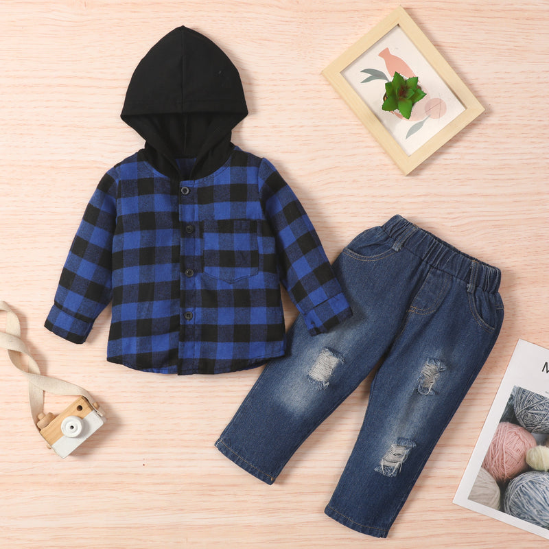 Toddler Boys Plaid Hoodie Long Sleeve Jeans Set Children's Boutique Clothing Vendors - PrettyKid