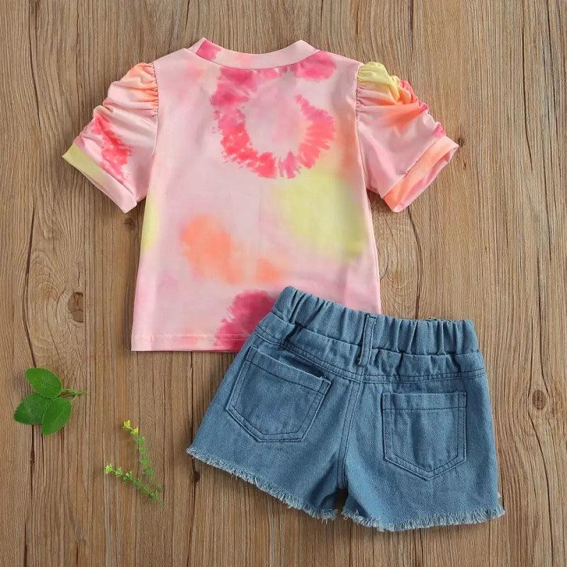 Toddler kids girls' tie dyed printed short-sleeved T-shirt denim shorts set - PrettyKid