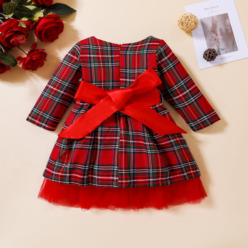 Toddler Girls Plaid Print Lace-up Mesh Patchwork Dress - PrettyKid