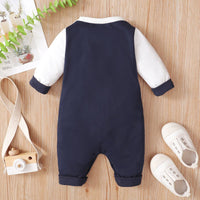 Baby Boys Solid Elephant Print Color Blocking Knitted Jumpsuit - PrettyKid