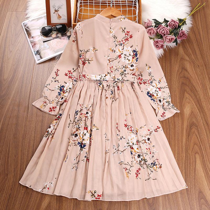 Kids Girls' Solid Color Floral Print Waist Pleated Dress - PrettyKid