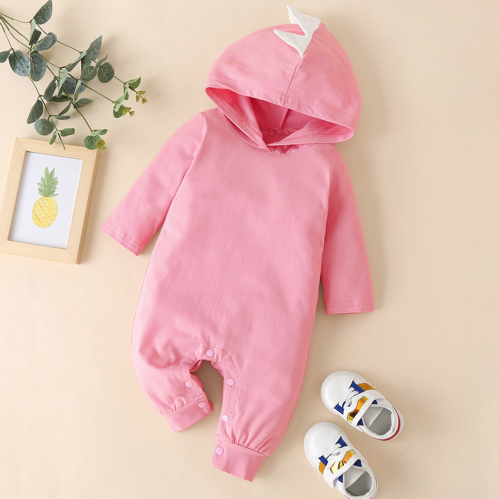 Autumn Winter Baby Solid Color Dinosaur Hooded Long Sleeve Jumpsuit - PrettyKid