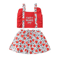 Toddler Kids Girl Solid Letter Love Printing Suspender Top Short Skirt Valentine's Day Set - PrettyKid