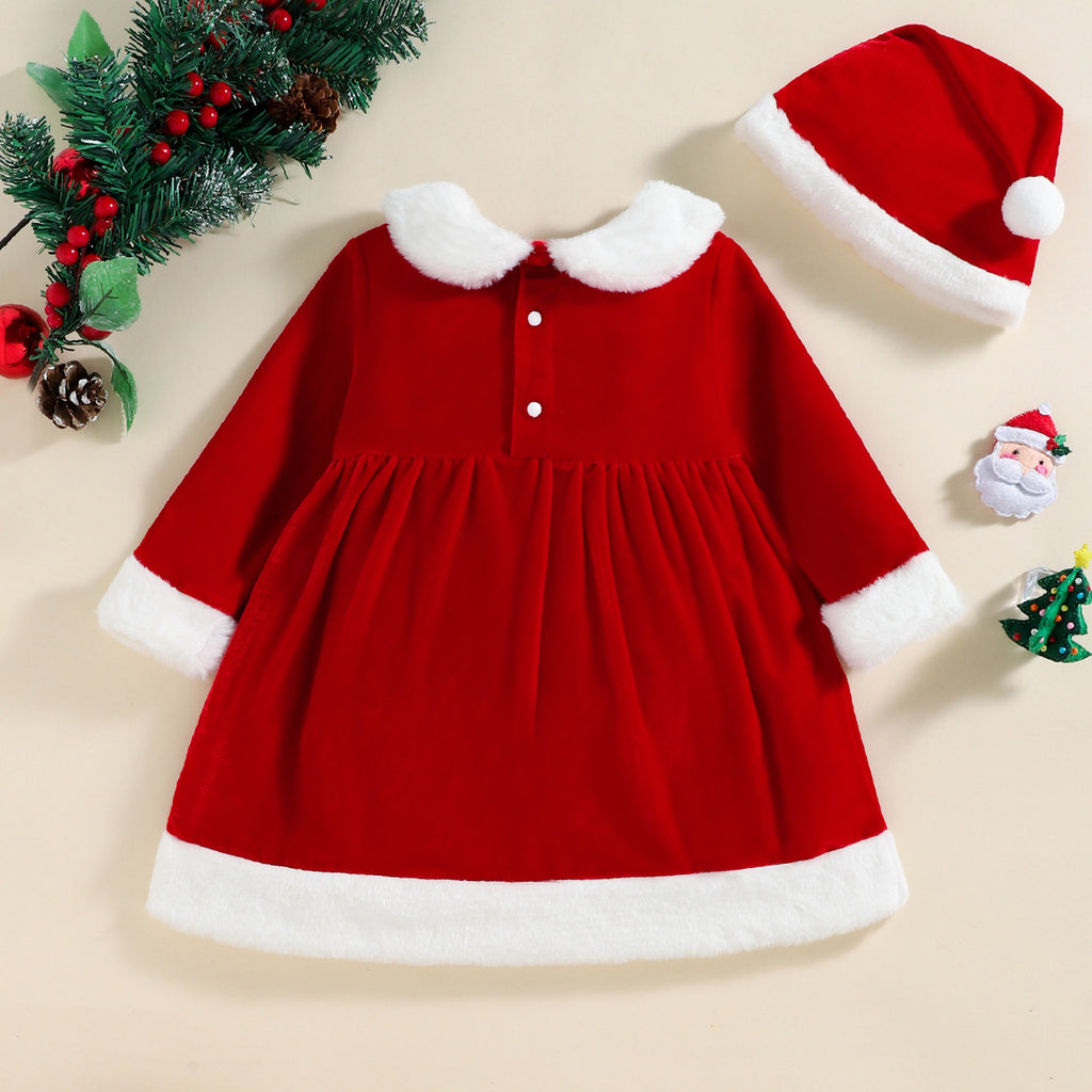 Girls' Christmas Day Snowflake Velvet Dress Plush Edge - PrettyKid