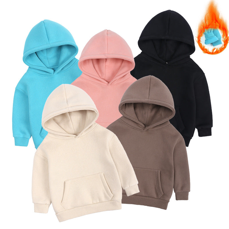 Toddler Kids Boys Girls Solid Color Padded Hooded Sweatshirt Children's Thickened Tops - PrettyKid