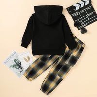 Toddler Kids Boys Solid Color Hooded Sweatshirt Plaid Pants Set - PrettyKid