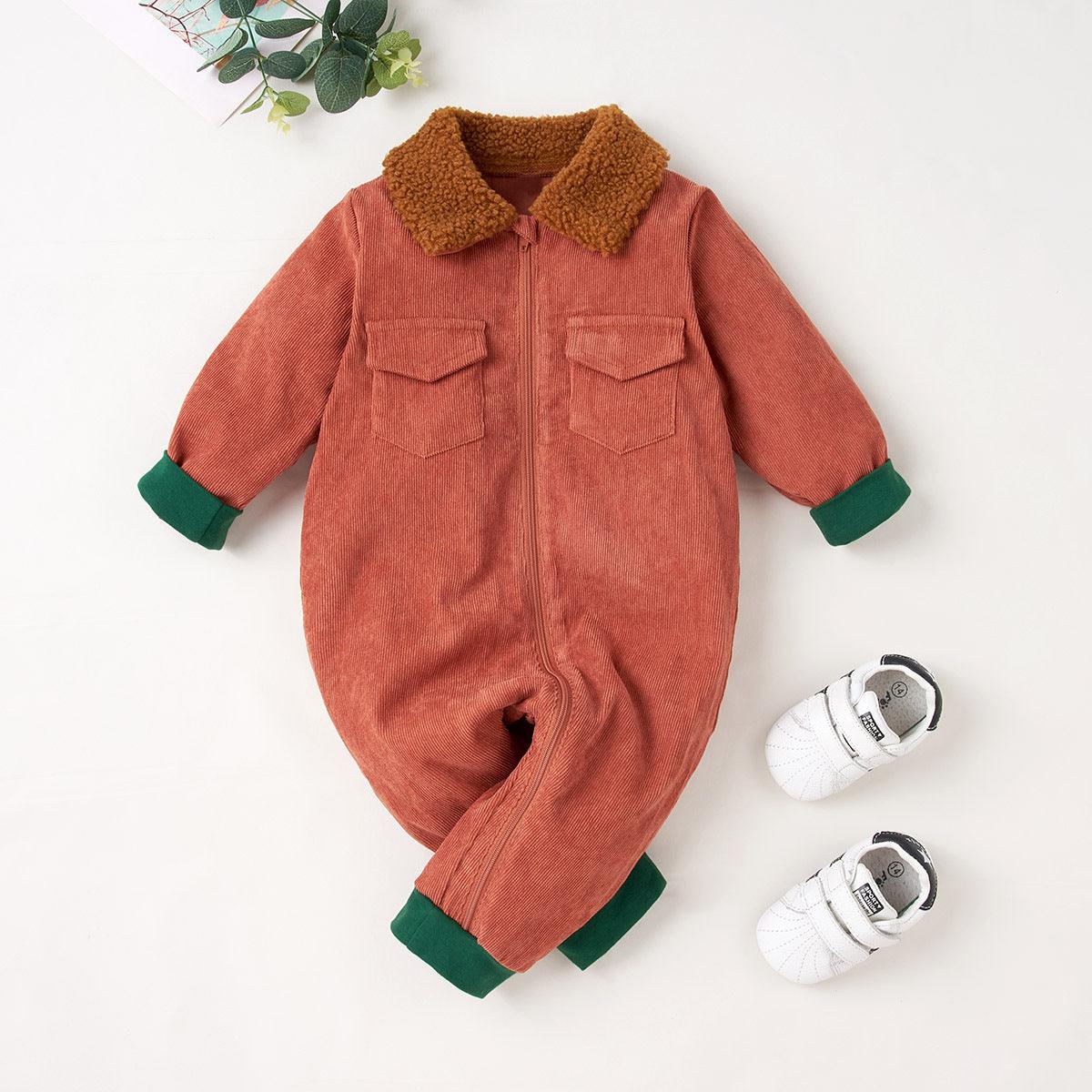 Baby Boys Velvet Collar Brown Long Sleeved Jumpsuit - PrettyKid