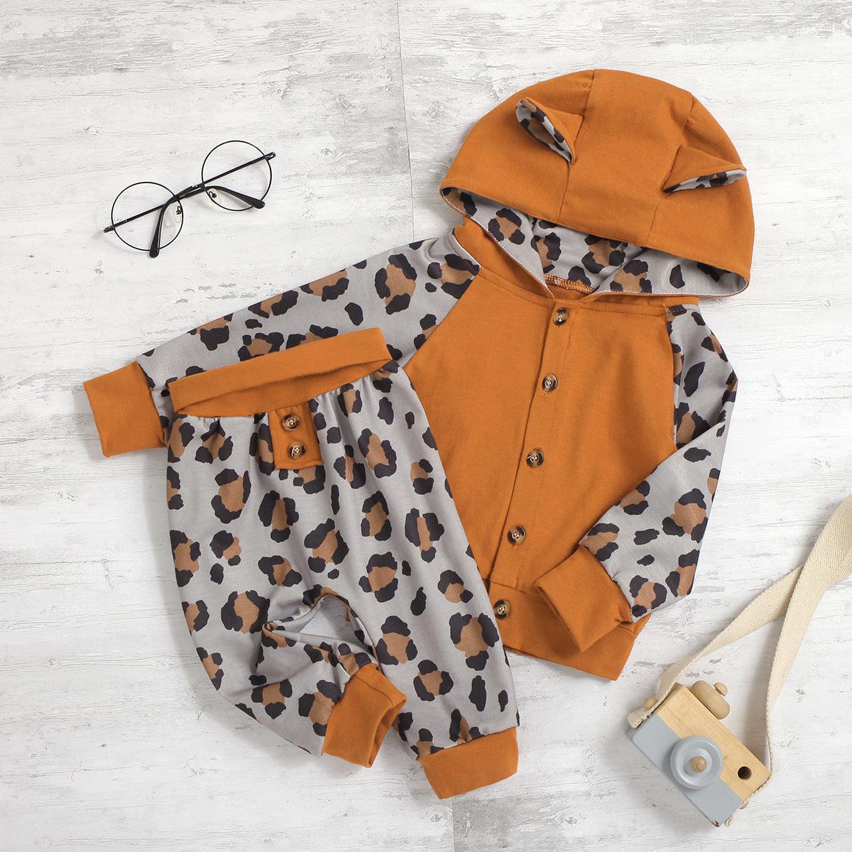 Toddler Boys Girls Cute Little Ear Hoodie Leopard Pants Set - PrettyKid