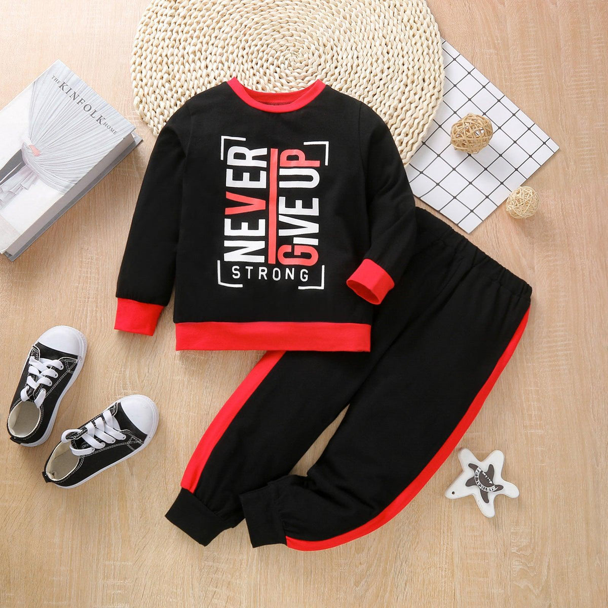 Toddler Kids Boys Letter Print Color Blocking Long-sleeved Tops and Pants Set - PrettyKid