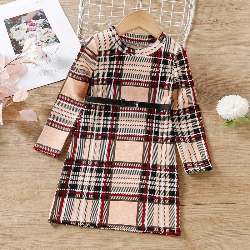 Autumn Children Girls Plaid Long Sleeve Dress with Belt - PrettyKid