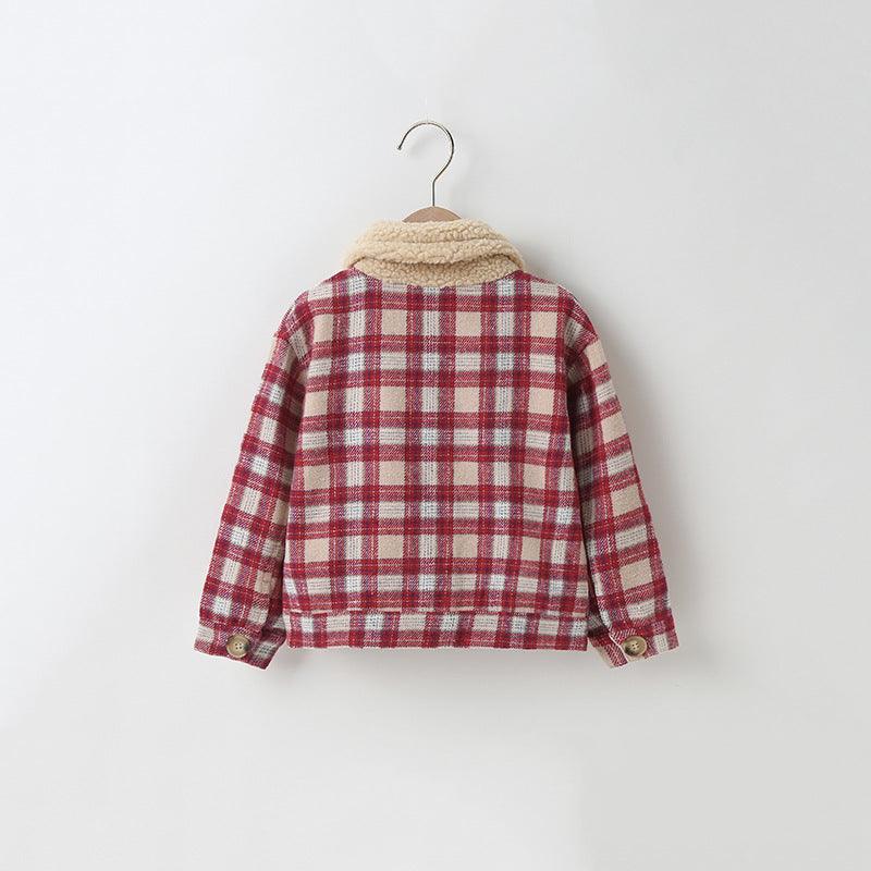 Children Girls' Red Plaid Lapel Lamb Wool Collar Coat - PrettyKid