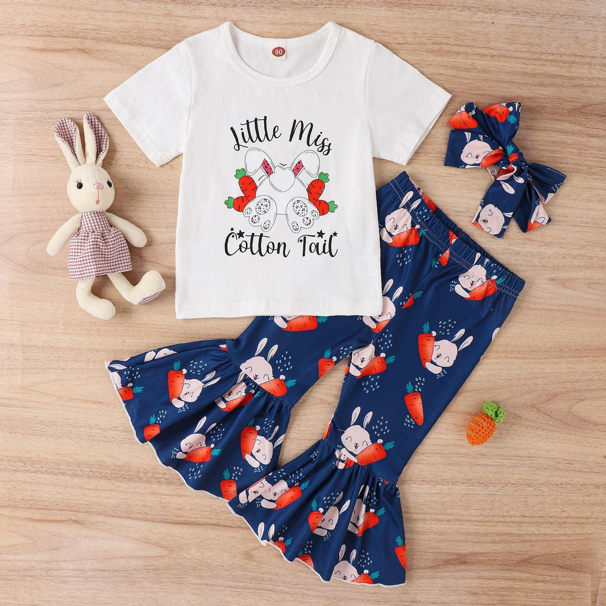 Easter Girls' Letter Printing Short-sleeved Rabbit Flare Trousers Three-piece Set