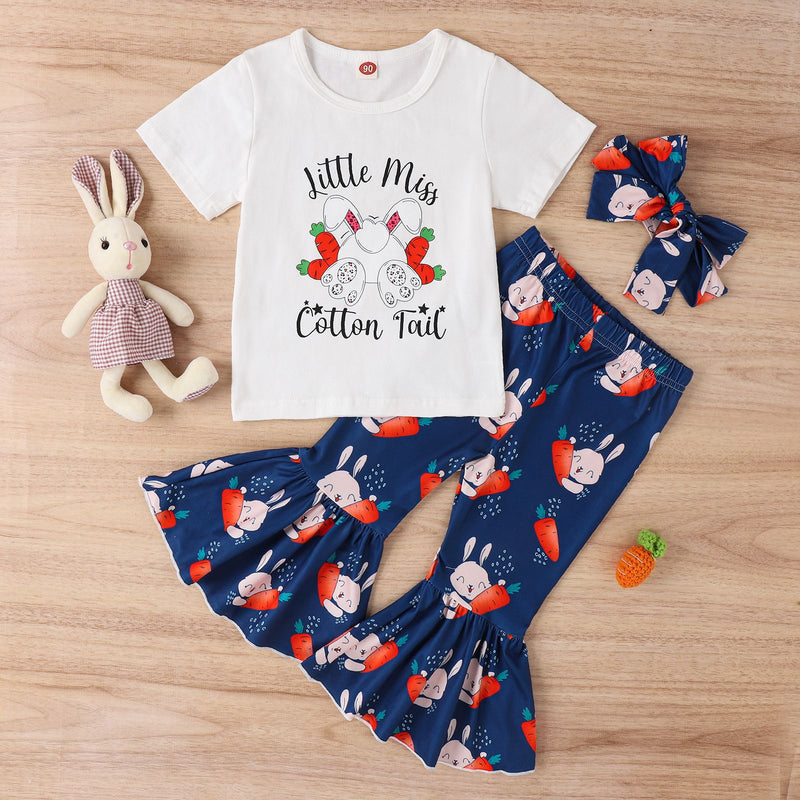 Easter Girls' Letter Printing Short-sleeved Rabbit Flare Trousers Three-piece Set