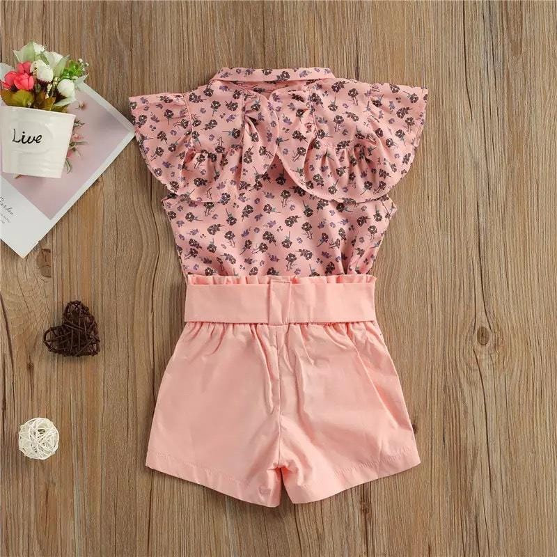 Summer toddler kids girls sleeveless chiffon floral shirt jacket bow shorts set - PrettyKid