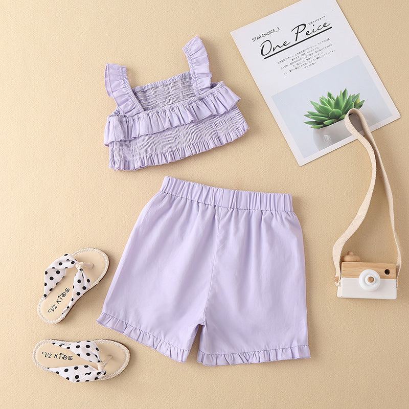 Toddler Kids Girls Summer Solid Sleeveless Ruffle Stitched Vest Shorts Set - PrettyKid
