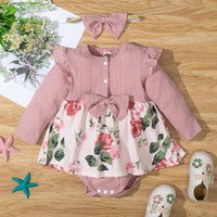 Baby Girls Cotton Floral Print Pink Long Sleeve Jumpsuit - PrettyKid