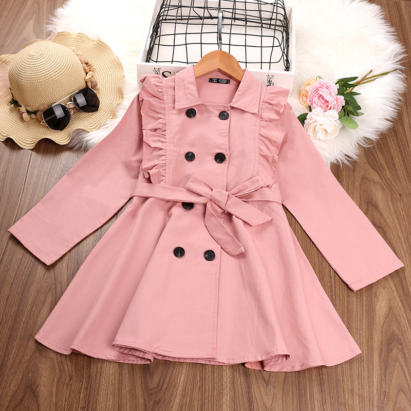 Children Girls Solid Color Lapel Lace Double Breasted Long Sleeved Windbreaker Coat - PrettyKid