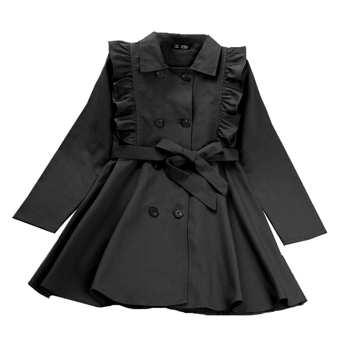 Children Girls Solid Color Lapel Lace Double Breasted Long Sleeved Windbreaker Coat - PrettyKid