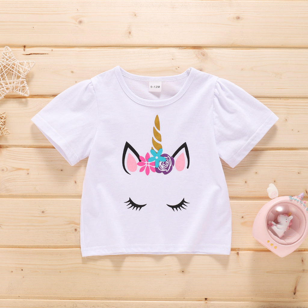 Toddler Kids girls white unicorn print short sleeve T-shirt - PrettyKid