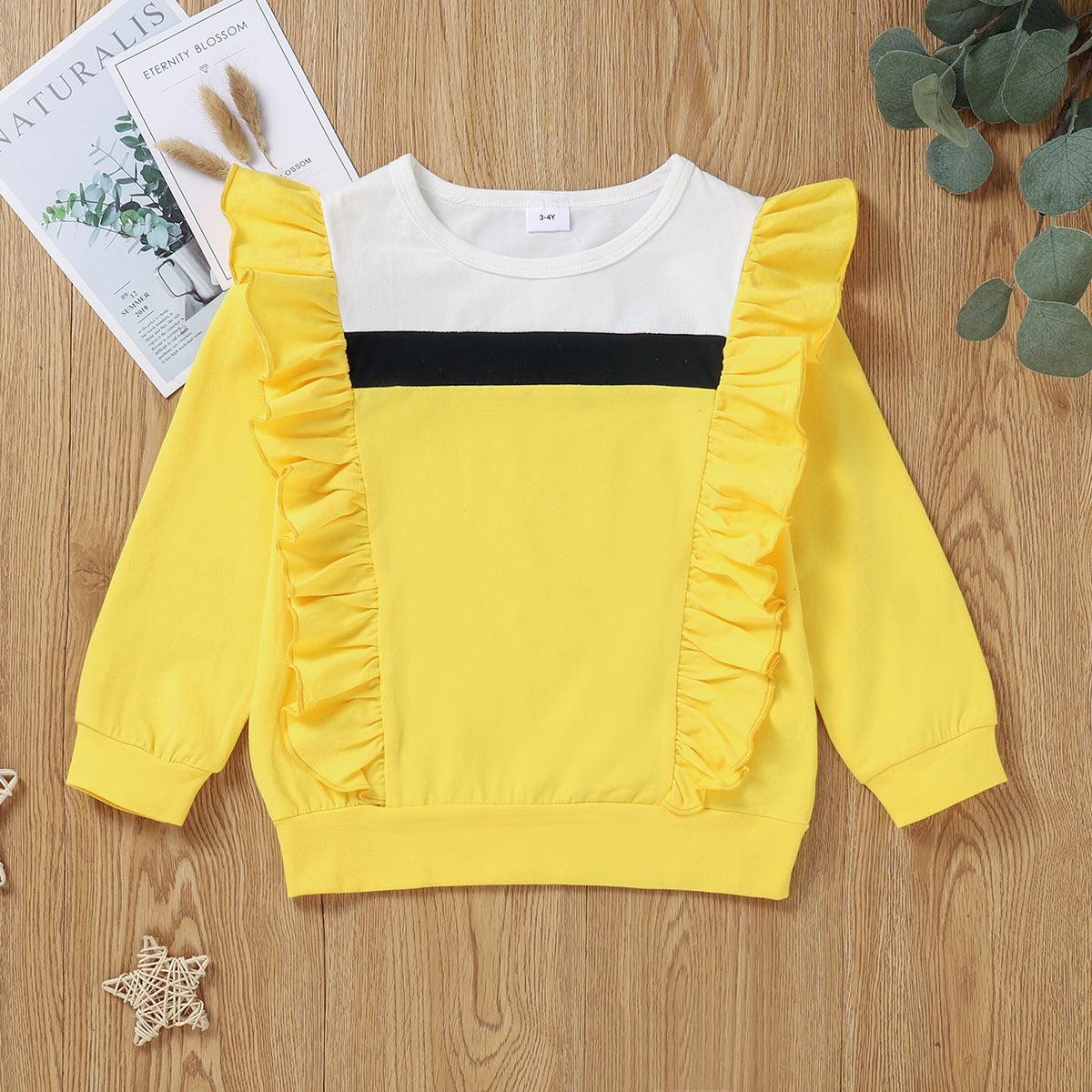 Toddler Kids Girls Solid Color Long Sleeve Ruffle Color Blocking Blouse - PrettyKid