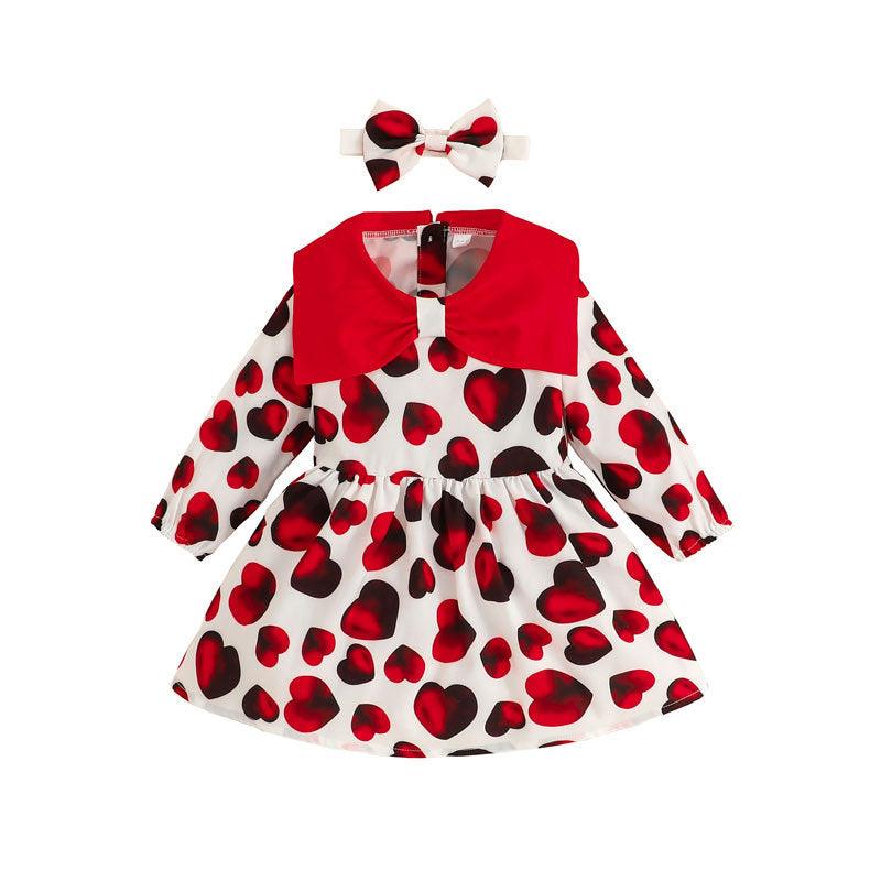 Baby Long Sleeve Dress Valentine's Day Love Print Princess Dress+Headband Set - PrettyKid