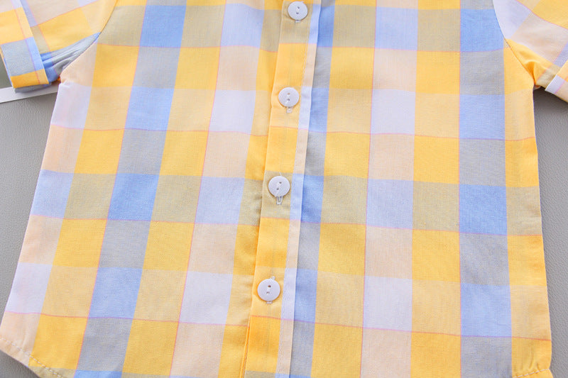 Toddler Boys Plaid Stripe Short Sleeve Shirt Strap Shorts Set - PrettyKid