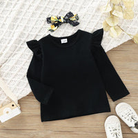 Toddler Kids Girl Solid Color Long-sleeved Tops Floral Print Flared Pants Bow - PrettyKid