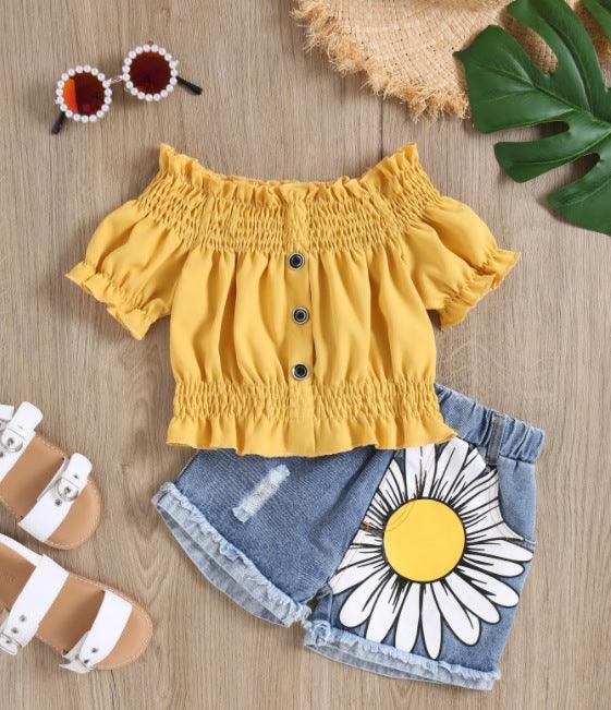 Slotted Collar Hole Flower Denim Short Girls Suit