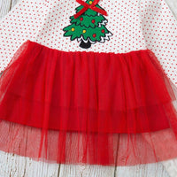 Toddler Kids Girls Christmas Tree Print Polka Dot Mesh Long Sleeve Dress Christmas Dress - PrettyKid