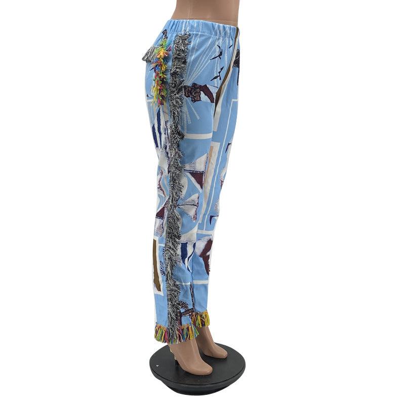 Women's Colorful Fringed Flannel Pants- Blue - PrettyKid