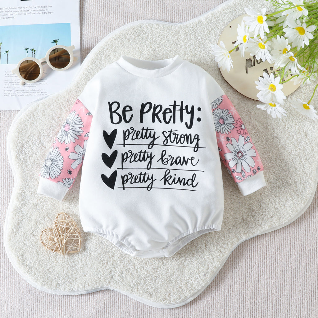 Baby Girls Solid Color Letter Print Color Blocking Bodysuit Crawling Suit - PrettyKid
