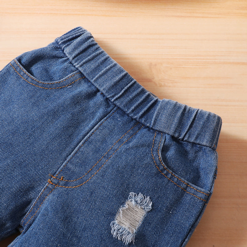 Toddler Kids Girls Solid Ruffled Suspender Top with Holes Denim Shorts Set - PrettyKid