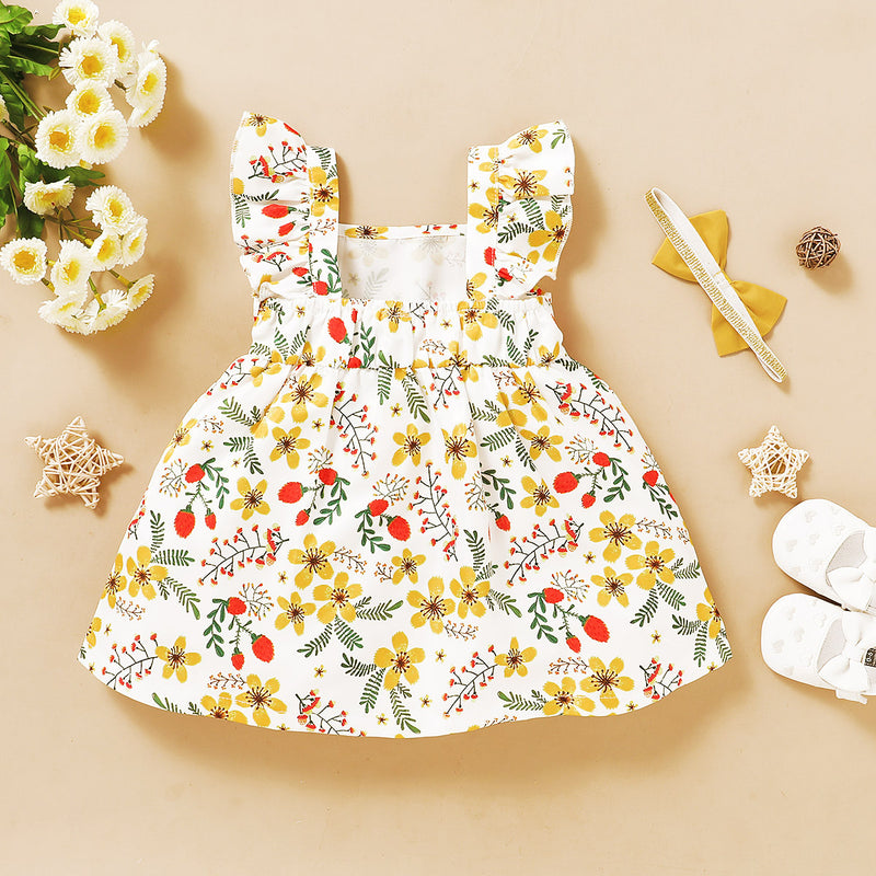 Toddler Girls Bow Flower Print Sleeveless Dress - PrettyKid