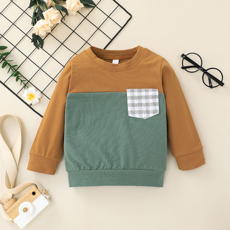 Toddler Kids Solid Long Sleeve Sweater with Plaid Pocket Two Piece Set - PrettyKid