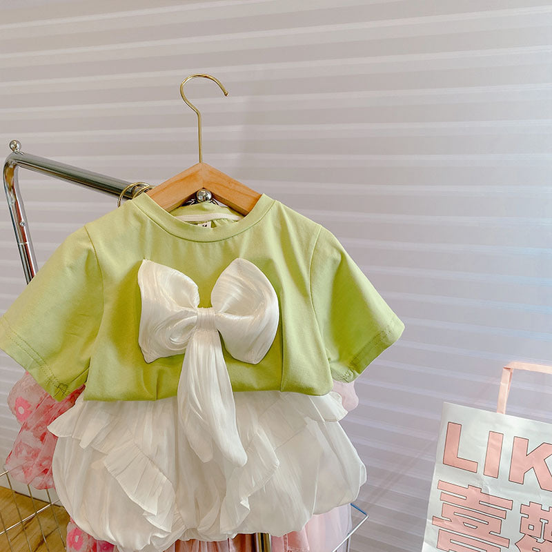 Girls' Summer Suit 2022 New Bow Tops Shorts Baby Children Two-piece Suit - PrettyKid