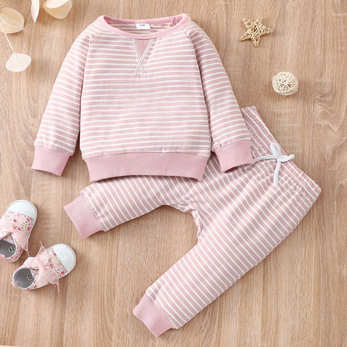 Toddler Kids Boys Girls Striped Round Neck Long Sleeve Pajama Suit - PrettyKid