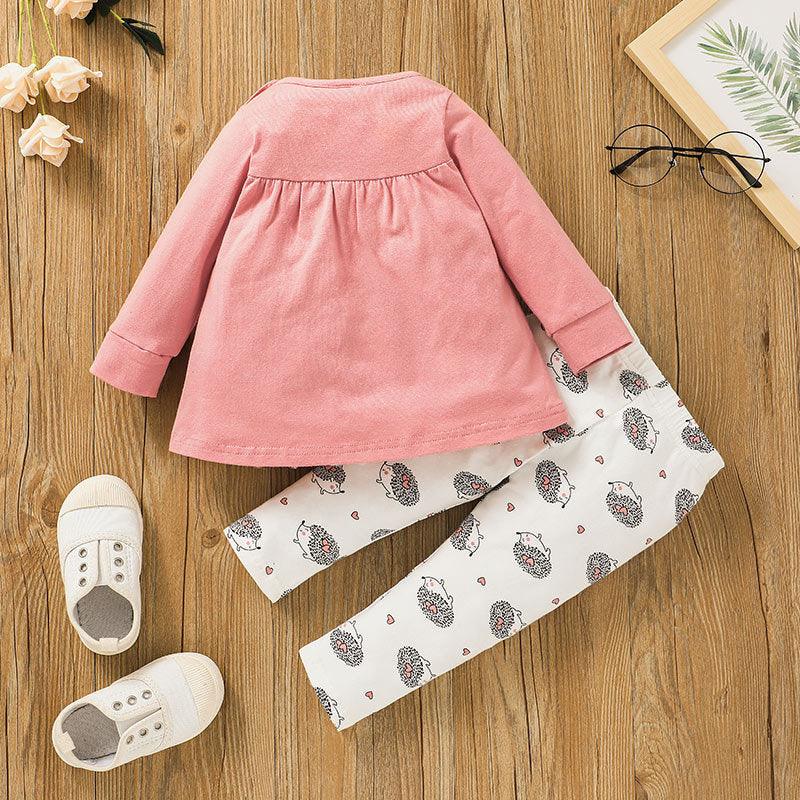 Toddler Girls' Cute Hedgehog Solid Color Bow Long-sleeved Tops and Pants Set - PrettyKid