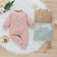 Baby Boys Girls Solid Color Waffle Fleece Warm Long-sleeved Jumpsuit - PrettyKid