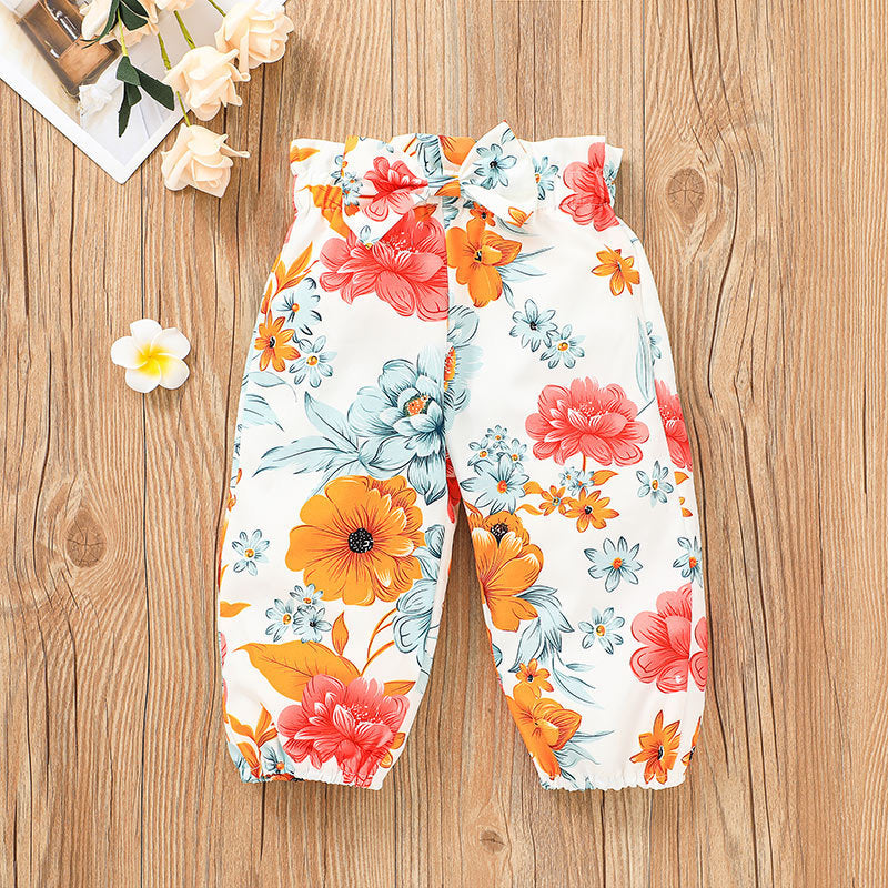 Baby Girls Solid Color Long Sleeve Printed Jumpsuit Pants Set - PrettyKid
