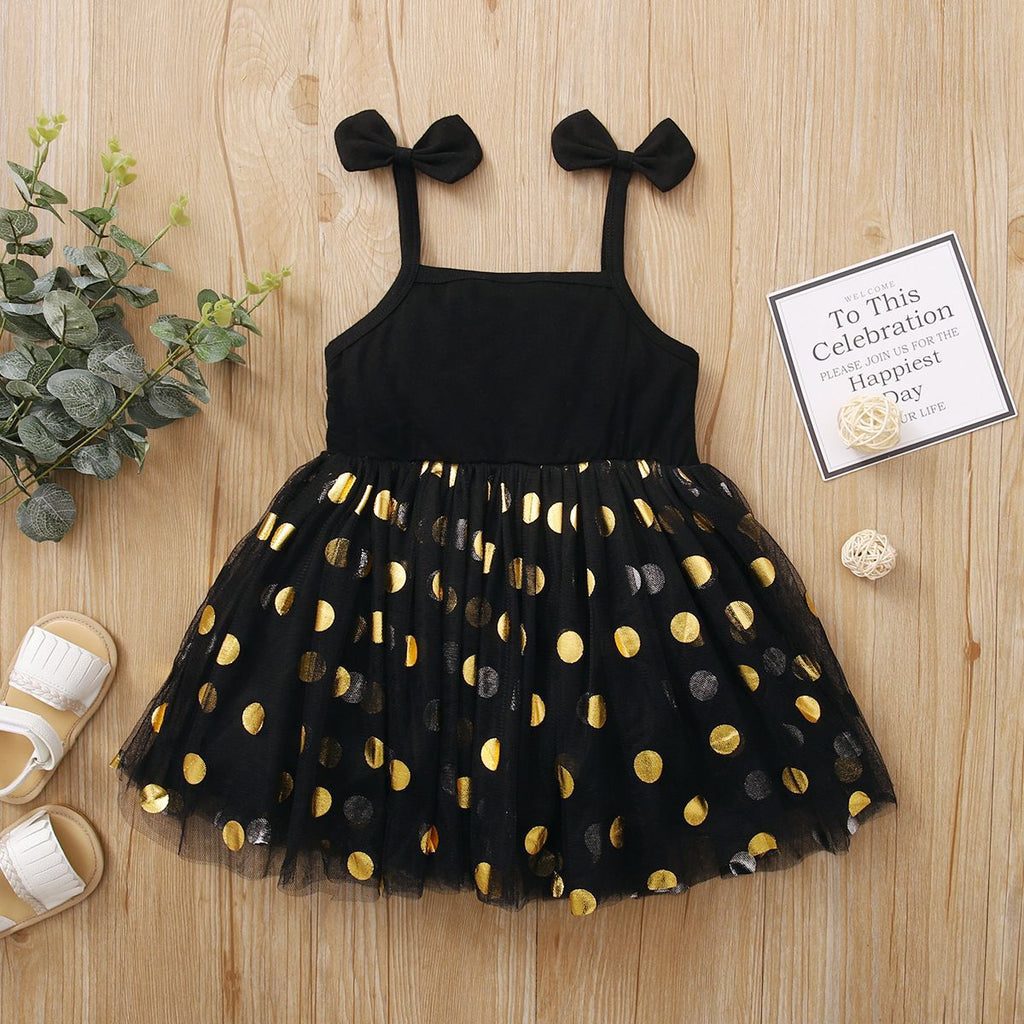 Toddler Girls Black Sleeveless Suspender Gold Polka Dot Print Dress - PrettyKid