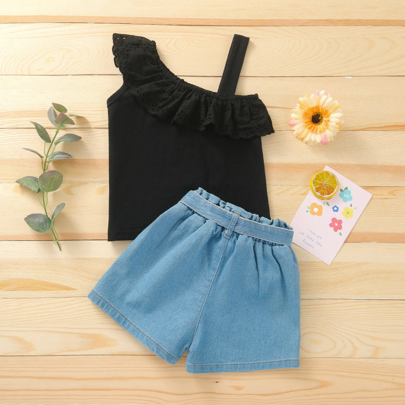 Summer Girls Set Solid Color Single Shoulder Strap Sleeveless Lace Tops Denim Shorts Two-piece - PrettyKid